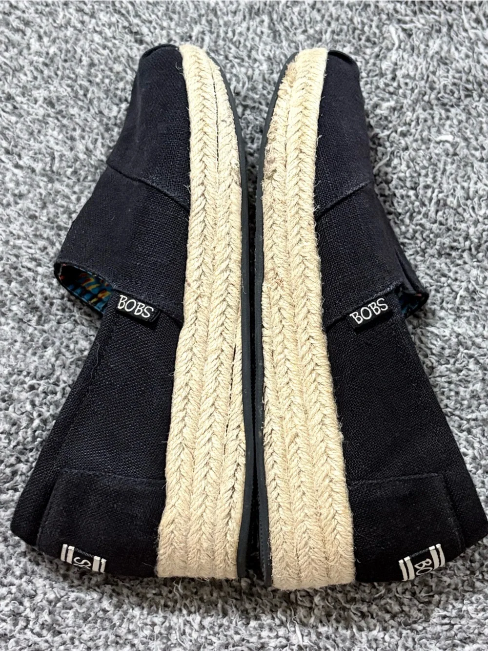 Bobs Skechers Espadrille Slip On Black Canvas Shoes Women 8.5 Wedge Memory Foam